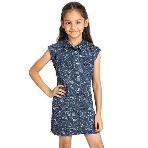 Blue Floral Print Denim Shift Dress For Girls