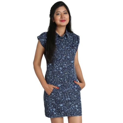 Blue Floral Print Denim Shift Dress For Women