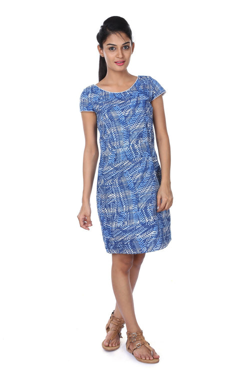 Blue Printed Shift Dress For Women