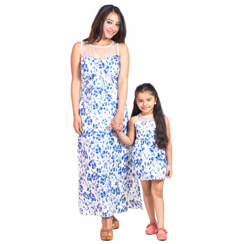 Mother-Daughter floral blue mesh Dress