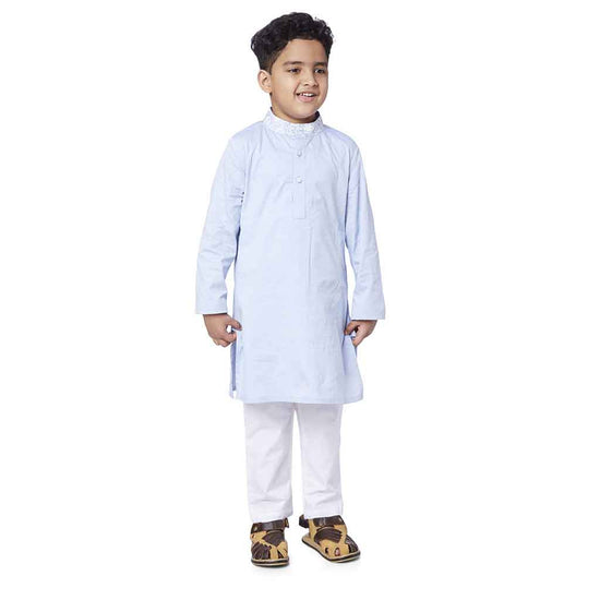 Printed collar light blue kurta and white pyjama set