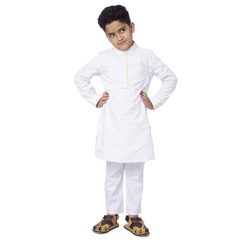 White kurta pyjama set with yellow piping for father son