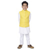 Yellow Embroidered bandi with white kurta pyjama set for father son