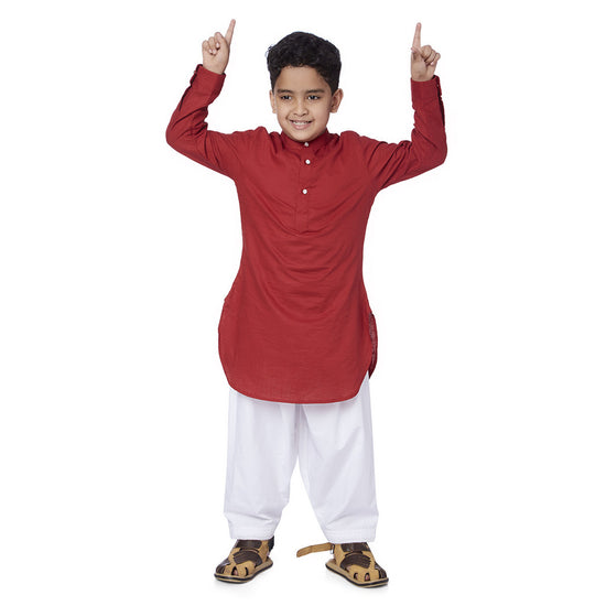 Red kurta white pyjama set for father son
