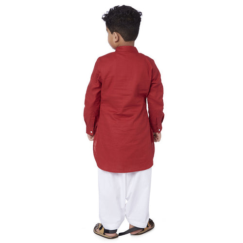 Red kurta white pyjama set for father son