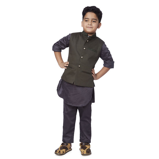 Olive green Embroidered bandi with Grey kurta pyjama set
