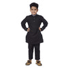 Black contrast collar and cuff kurta/pyjama set for father son