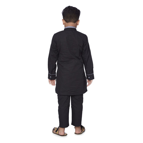 Black contrast collar and cuff kurta/pyjama set for father son