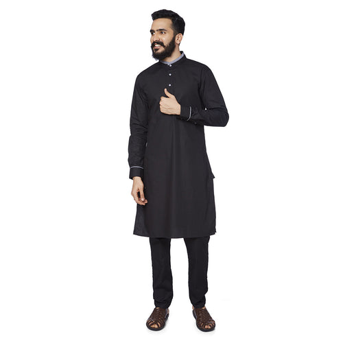 Black contrast collar and cuff kurta/pyjama set for father son