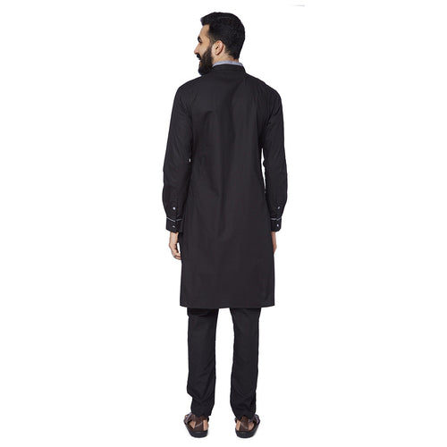 Black contrast collar and cuff kurta/pyjama set for father son