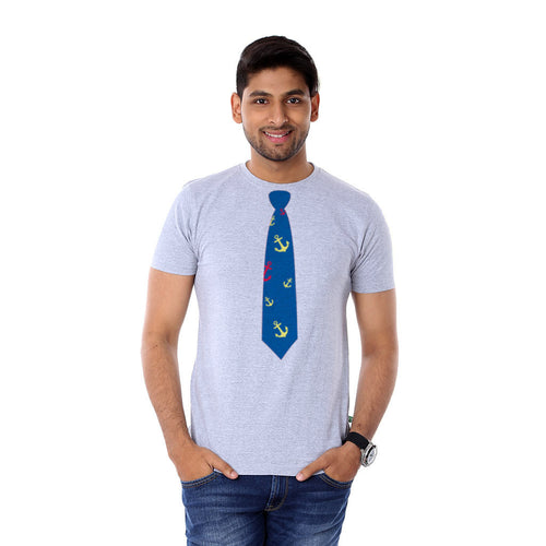 Grey Melange Tie Print Father And Son Tshirt