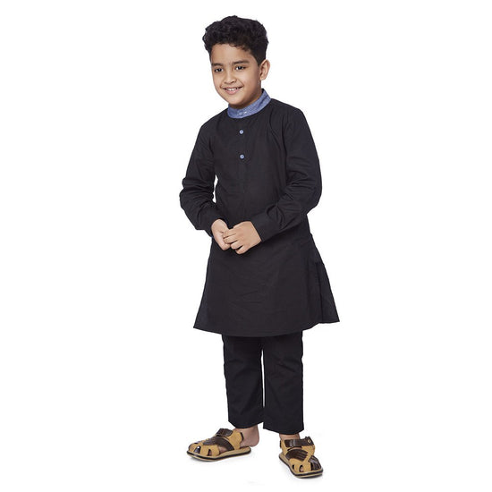 Father son Contrast mandarin collar black kurta pyjama set
