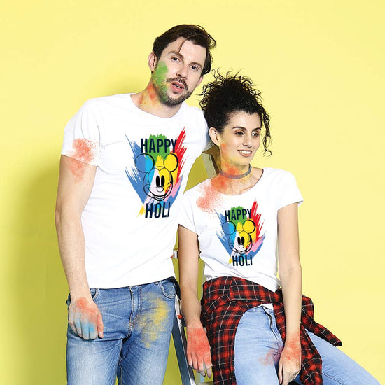 Happy Holi, Matching Disney White Couple Tees