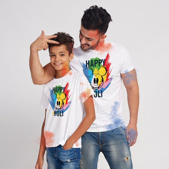 Happy Holi, Matching White Disney Dad And Son Tees