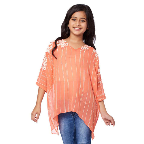 Kaftans - Floral Print Orange V-neck Kaftan For Mother Daughter