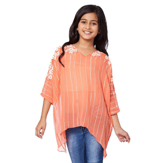 Floral print orange V-neck kaftan for mother daughter