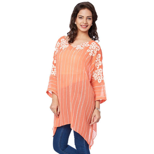 Kaftans - Floral Print Orange V-neck Kaftan For Mother Daughter