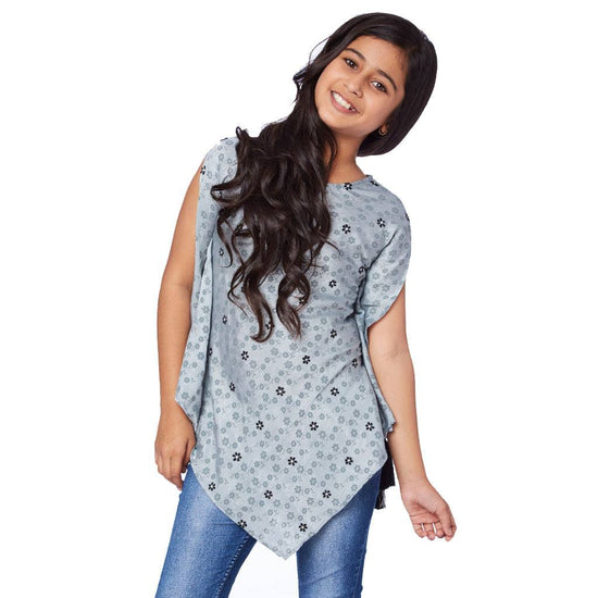 Mom daughter Grey floral print and embroidered henkerchief kaftan