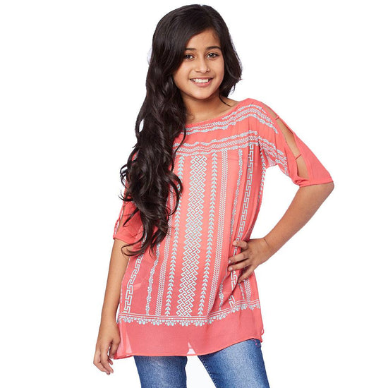 Tribal geometric print sleeve detailed pink Georgette kaftan