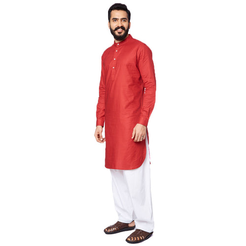 Red kurta white pyjama set for father son