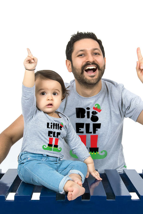 Big Elf little Elf Grey, Dad And Baby Matching Bodysuit And Tees