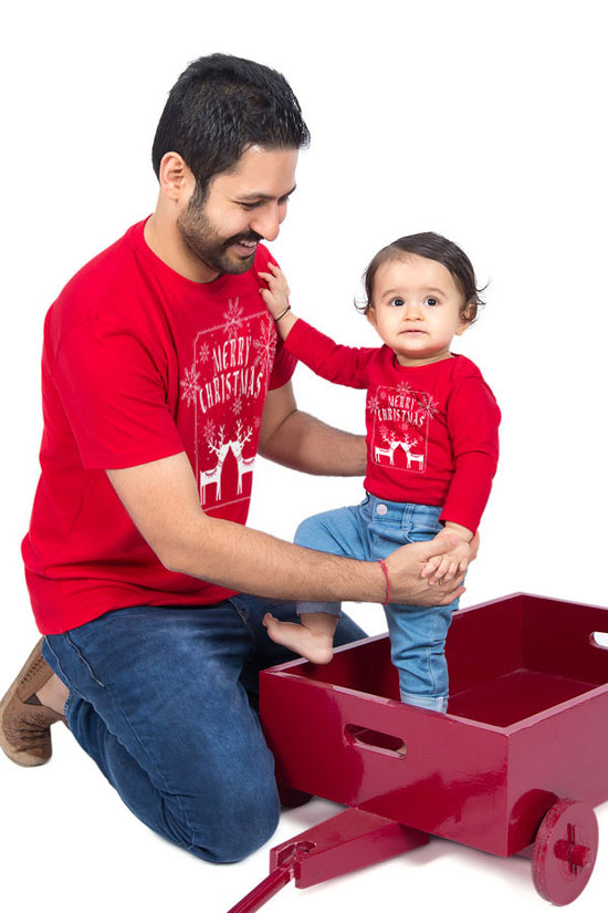 Merry Christmas Reindeer Print, Dad And Baby Bodysuit And Tees
