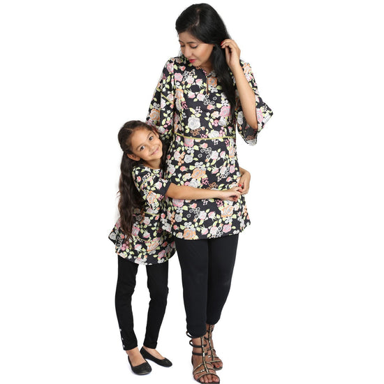 Mother-Daughter Black Floral Print Kaftan With Legging