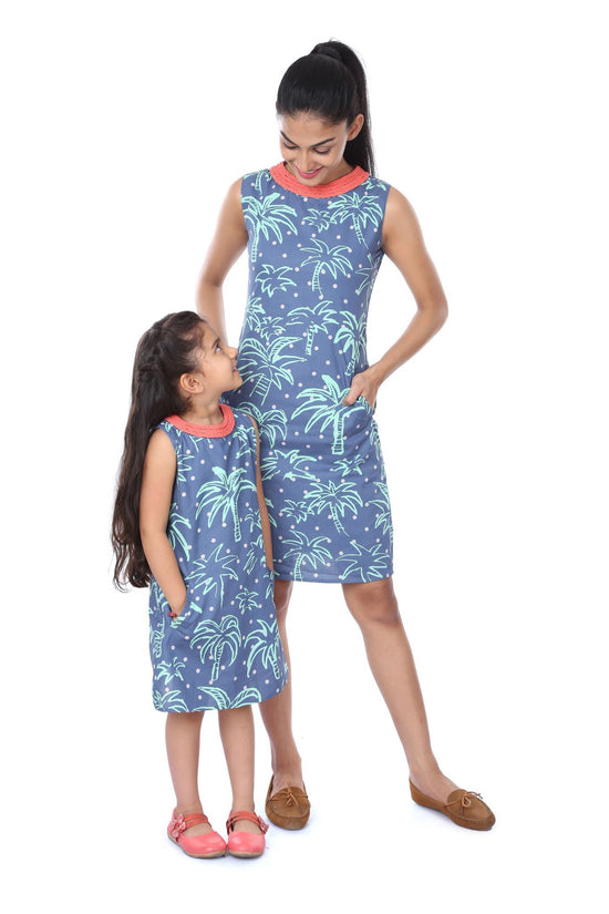 Mother-Daughter Contrast Neck Printed Shift Dress