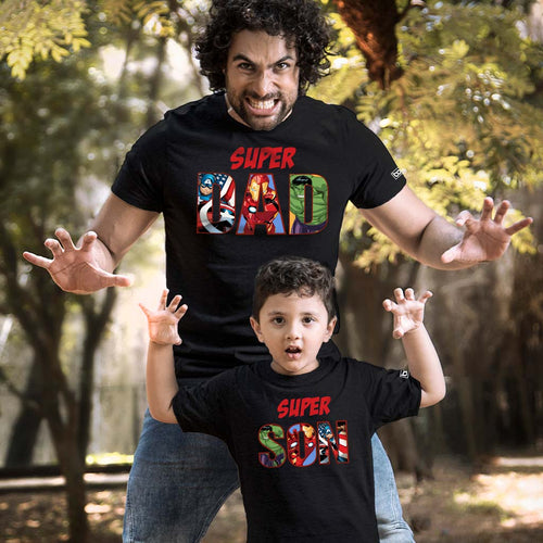 Super Dad/Son , Matching Marvel Black Tees For Dad And Son